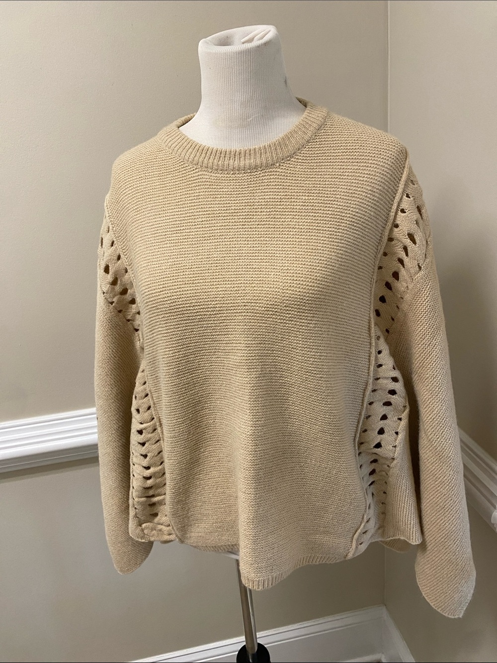 Women’s Crewneck Openwork Knit Sweater in Beige